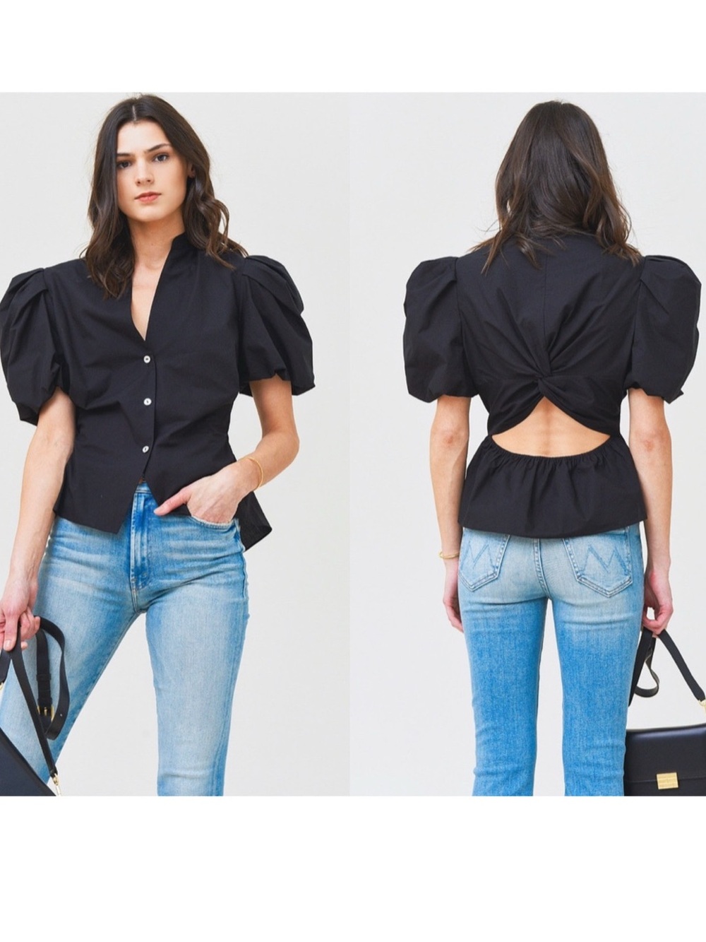 Vince Black Cotton Draped Puff Sleeves Cut-Out Back Detail Blouse Sz 4